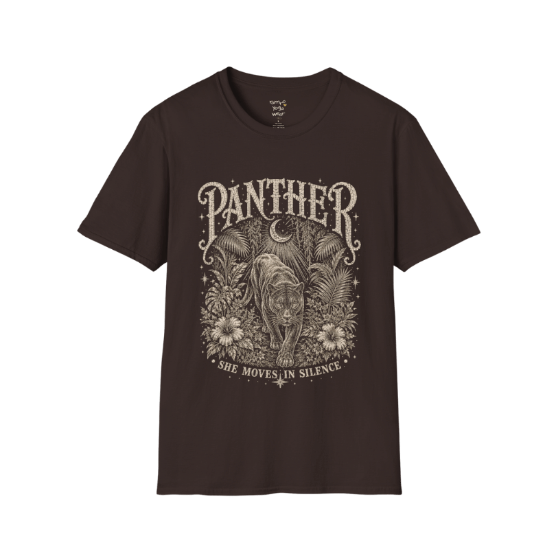 Ramro Yoga Wear Panther tee in Dark Chocolate — jungle panther crescent moon botanical vintage design, flat lay product shot