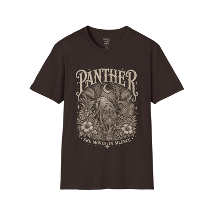 Ramro Yoga Wear Panther tee in Dark Chocolate — jungle panther crescent moon botanical vintage design, flat lay product shot