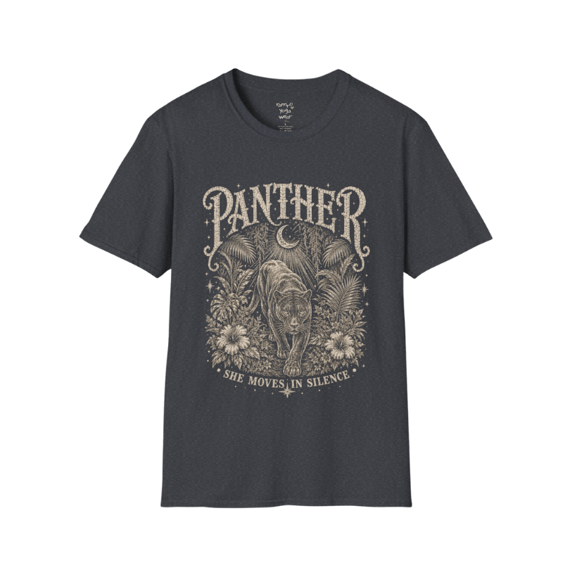 Ramro Yoga Wear Panther tee in Dark Heather Grey — jungle panther crescent moon botanical vintage design, flat lay product shot