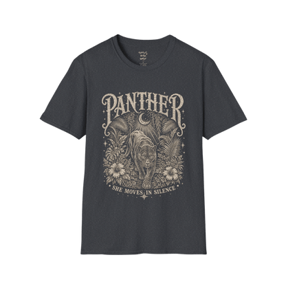 Ramro Yoga Wear Panther tee in Dark Heather Grey — jungle panther crescent moon botanical vintage design, flat lay product shot