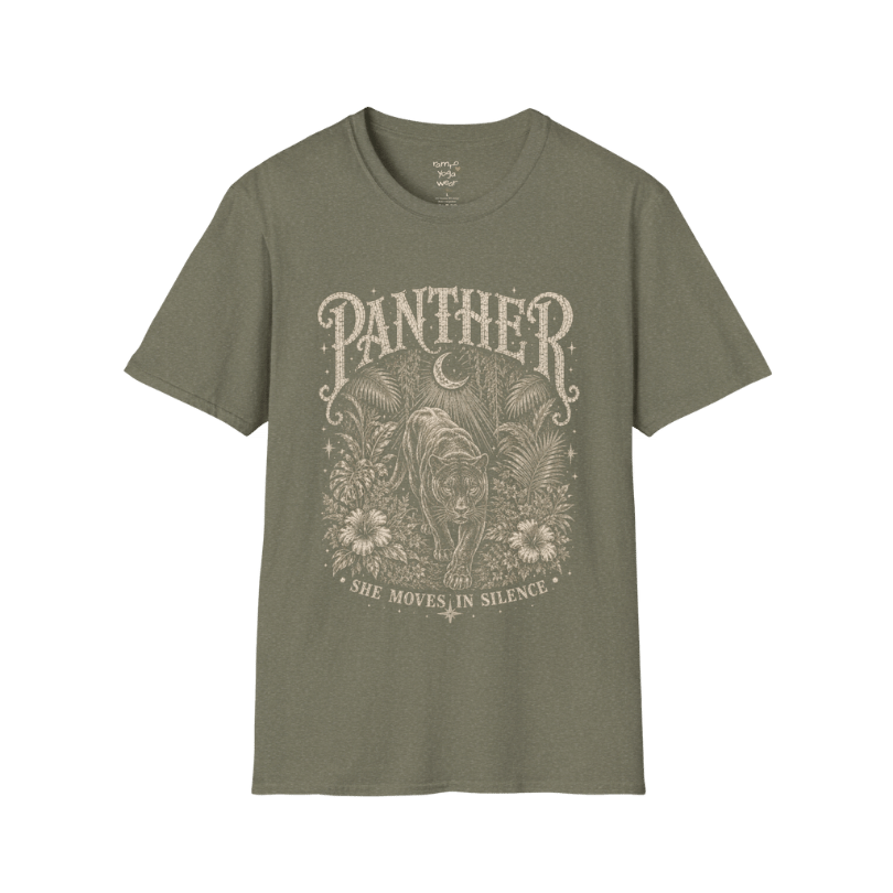 Ramro Yoga Wear Panther tee in Heather Military Green — jungle panther crescent moon botanical vintage design, flat lay product shot