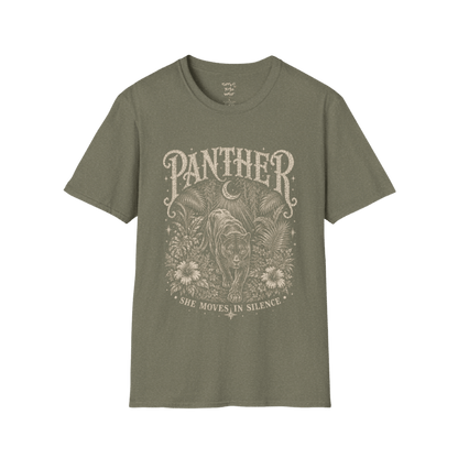 Ramro Yoga Wear Panther tee in Heather Military Green — jungle panther crescent moon botanical vintage design, flat lay product shot