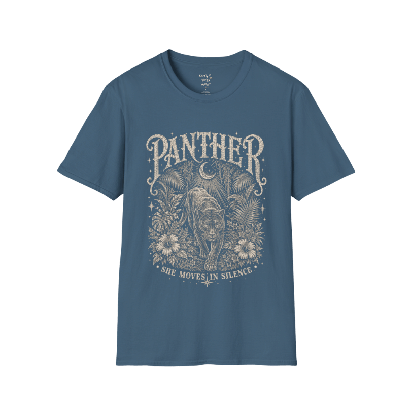 Ramro Yoga Wear Panther tee in Indigo Blue — jungle panther crescent moon botanical vintage design, flat lay product shot