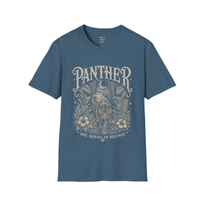 Ramro Yoga Wear Panther tee in Indigo Blue — jungle panther crescent moon botanical vintage design, flat lay product shot