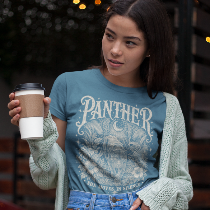 Ramro Yoga Wear Panther tee in Indigo Blue — she moves in silence panther design, urban coffee lifestyle shot