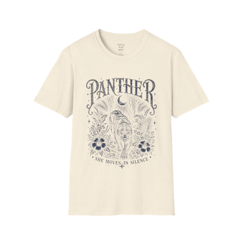Ramro Yoga Wear Panther tee in Natural — jungle panther crescent moon botanical vintage design, flat lay product shot
