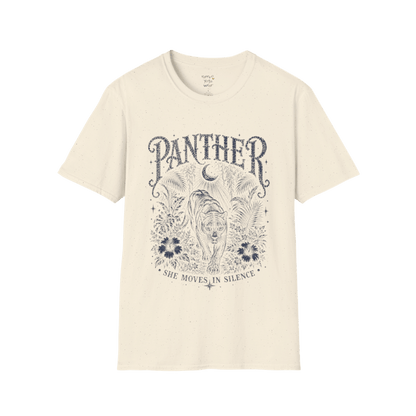 Ramro Yoga Wear Panther tee in Natural — jungle panther crescent moon botanical vintage design, flat lay product shot