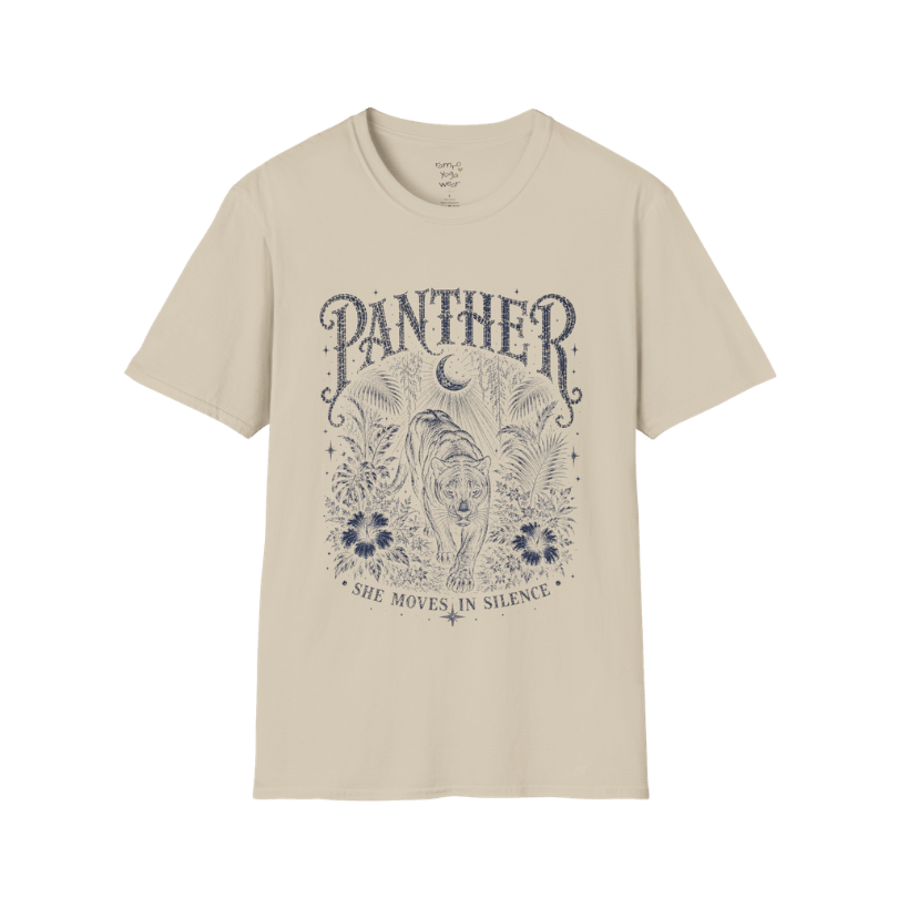 Ramro Yoga Wear Panther tee in Sand — jungle panther crescent moon botanical vintage design, flat lay product shot