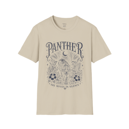 Ramro Yoga Wear Panther tee in Sand — jungle panther crescent moon botanical vintage design, flat lay product shot