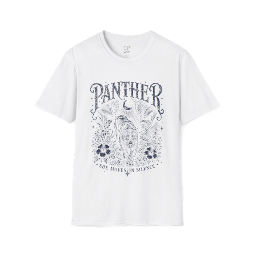 Ramro Yoga Wear Panther tee in White — jungle panther crescent moon botanical vintage design, flat lay product shot