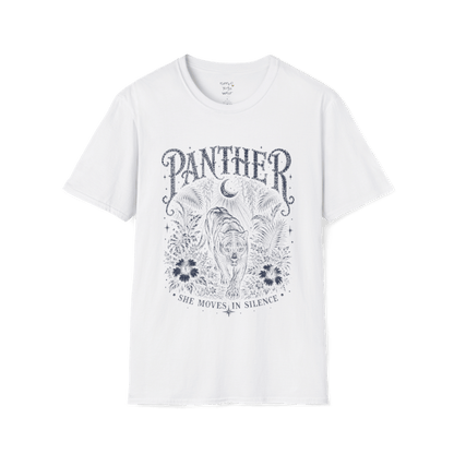 Ramro Yoga Wear Panther tee in White — jungle panther crescent moon botanical vintage design, flat lay product shot