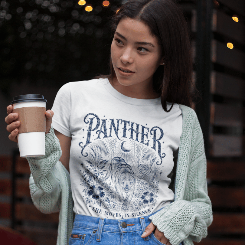 Ramro Yoga Wear Panther tee in White — she moves in silence panther design, urban coffee lifestyle shot