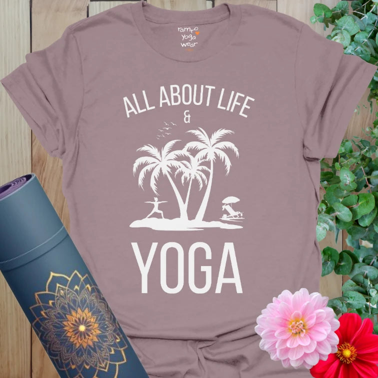 Paragon About Life T-Shirt with minimalist beach design and yoga under palm trees. For calm, coastal-inspired style.