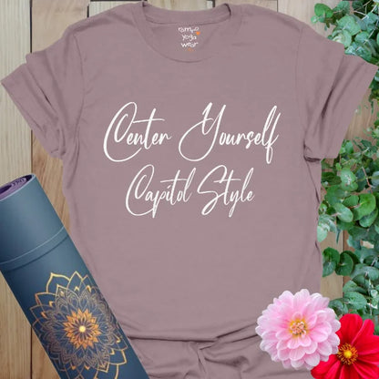 Paragon tee with “Center Yourself – Capitol Style” printed in flowing white text. Calm meets clever in this soulfully stylish yoga design.
