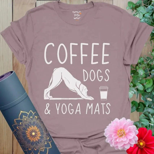 Paragon Coffee Dogs T-Shirt in muted mauve tone with fun slogan. A casual yoga-inspired dog lover tee.