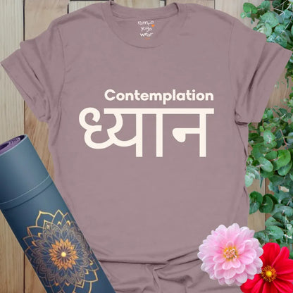 Paragon dusty mauve tee with cream “Contemplation” and Sanskrit dhyāna text. Elegant, thoughtful yoga wear.