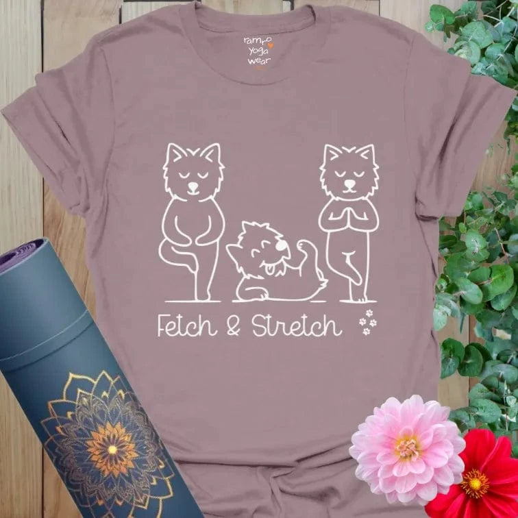 Paragon Fetch T-Shirt with minimalist dog yoga design. “Fetch & Stretch” affirmation tee for yogis and dog fans.