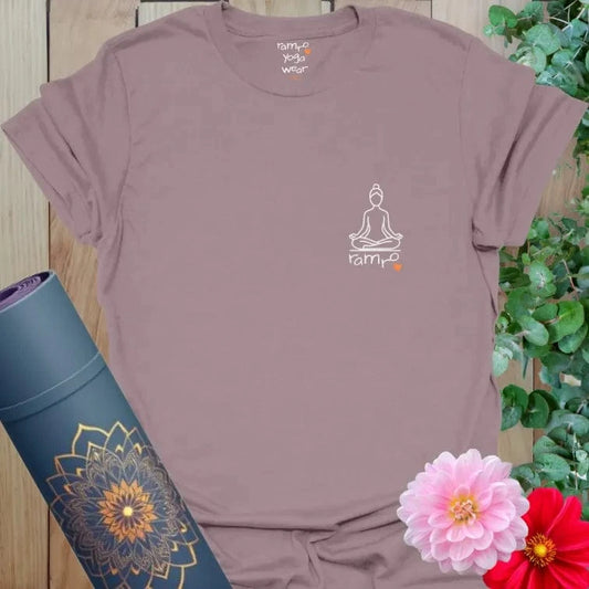 Paragon Inner Light T-Shirt with minimalist meditating figure and Ramro heart. Peaceful and soulful yoga wear.