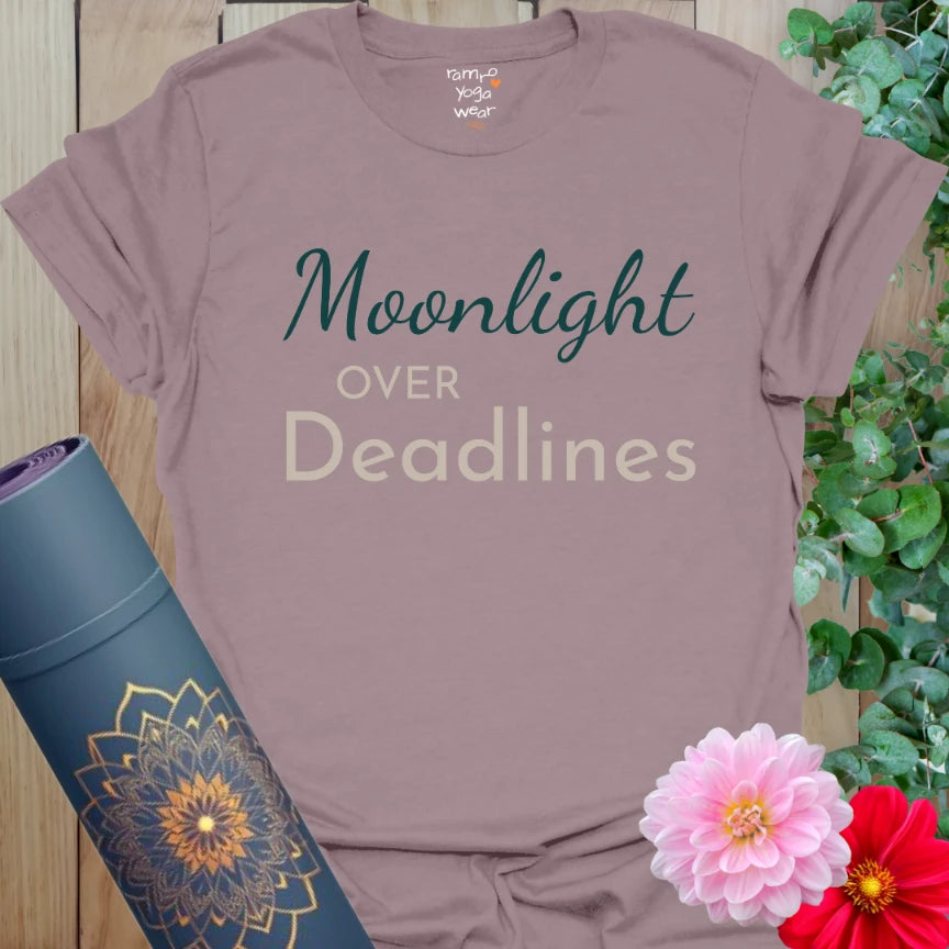 Paragon (dusty lilac) tee with elegant “Moonlight Over Deadlines” lettering. Designed for soulful nights and serene moods.