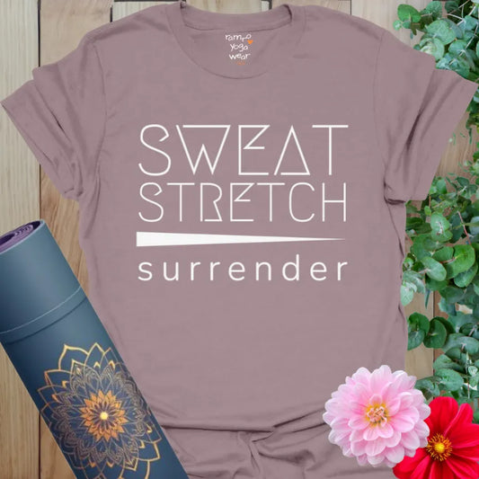 Paragon Sweat Stretch T-Shirt featuring crisp white text. Calm and empowering design for mindful movement.