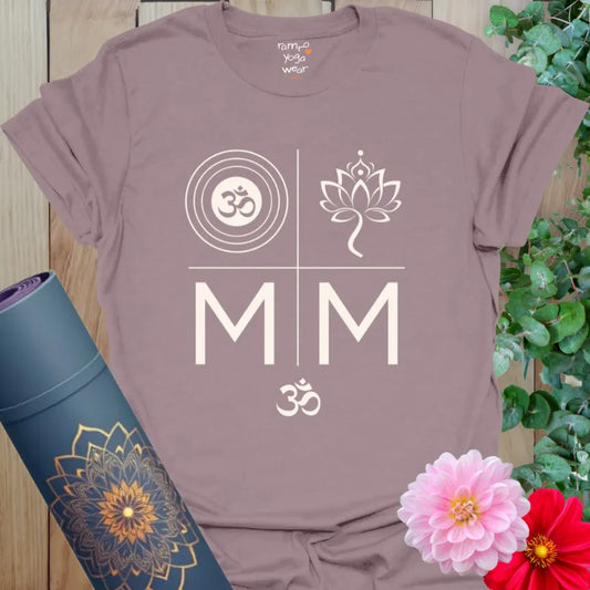 Dusty mauve (Paragon) tee with cream geometric design: Om, lotus, and double-M for mantra and movement.