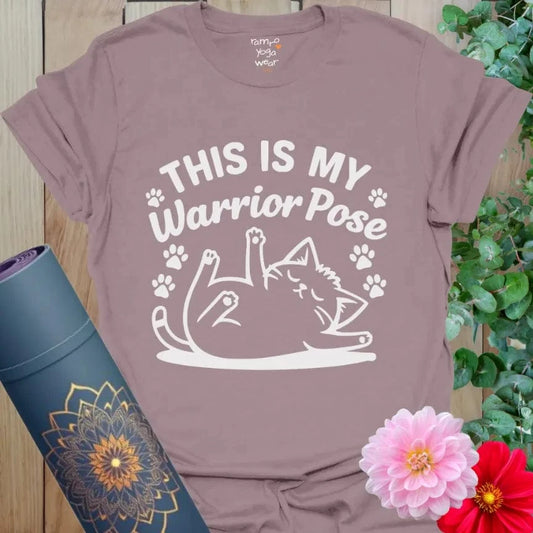 Paragon Warrior Cat T-Shirt showing a relaxed cat design. Comfortable cotton blend for yogis and animal lovers.