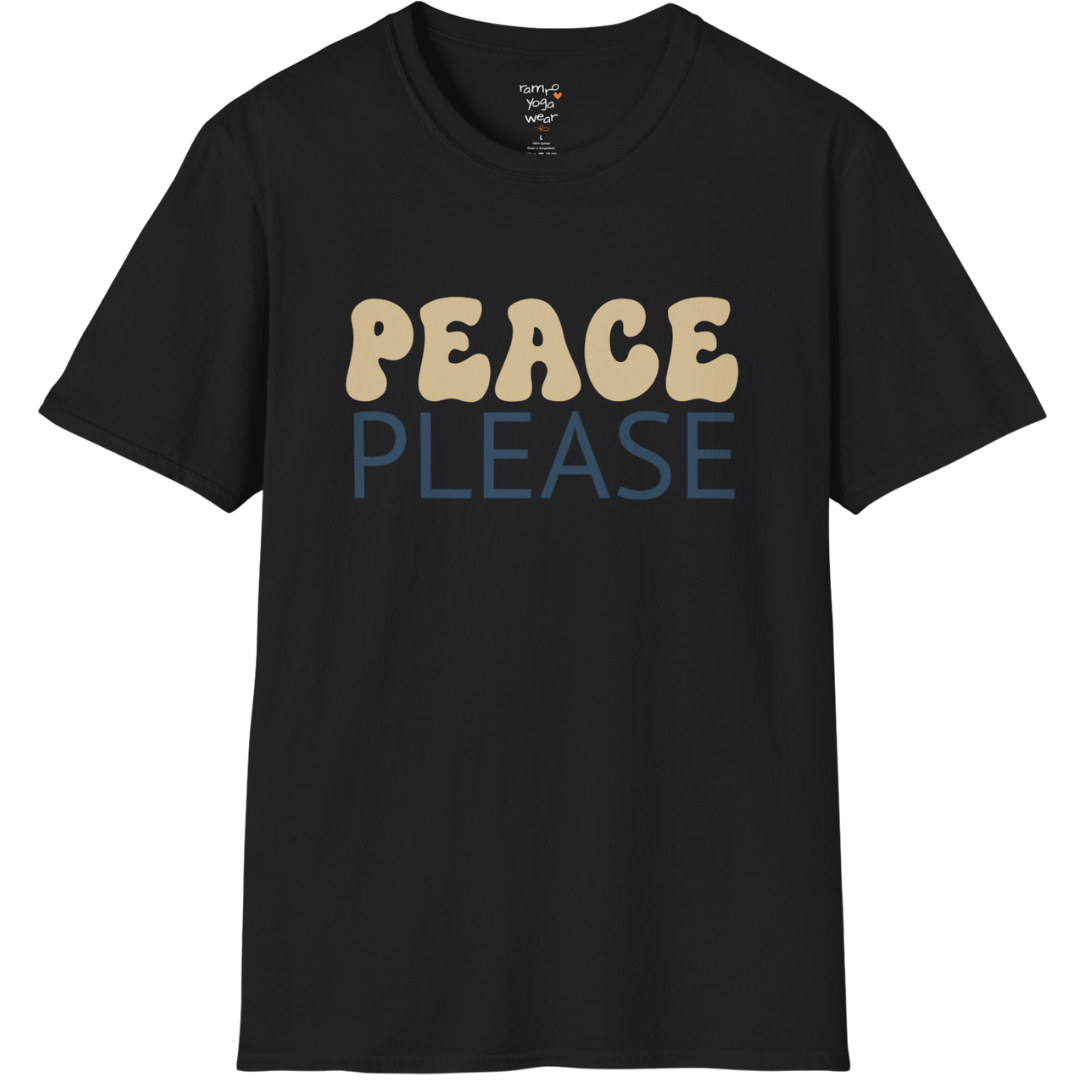 Wavy retro "Peace Please" typography design on Black tee — The Vault collection by Ramro Yoga Wear