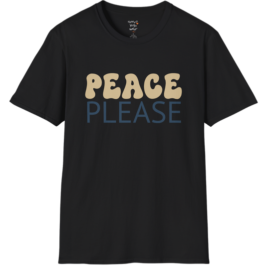 Wavy retro "Peace Please" typography design on Black tee — The Vault collection by Ramro Yoga Wear