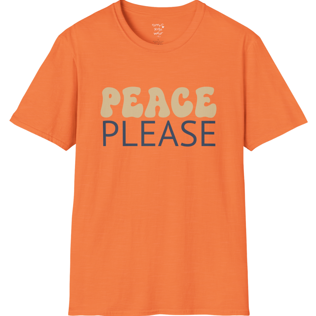 Wavy retro "Peace Please" typography design on Heather Orange tee — The Vault collection by Ramro Yoga Wear