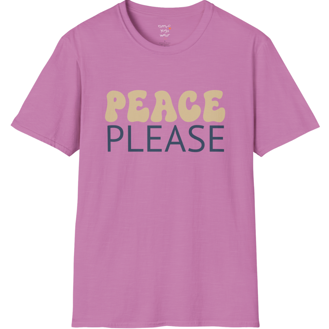 Wavy retro "Peace Please" typography design on Heather Radiant Orchid tee — The Vault collection by Ramro Yoga Wear