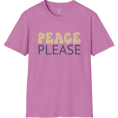 Wavy retro "Peace Please" typography design on Heather Radiant Orchid tee — The Vault collection by Ramro Yoga Wear