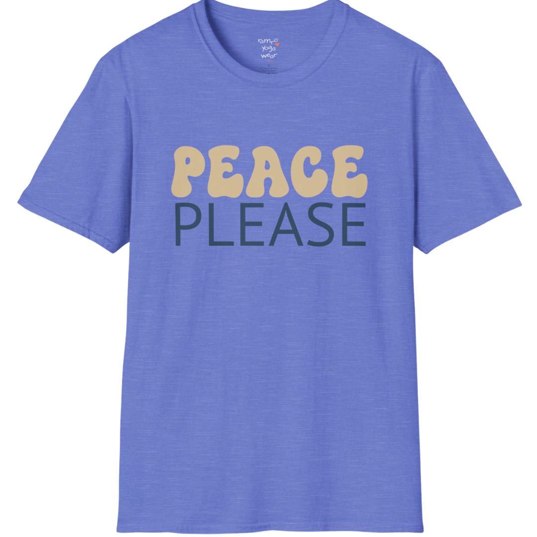Wavy retro "Peace Please" typography design on Heather Royal tee — The Vault collection by Ramro Yoga Wear