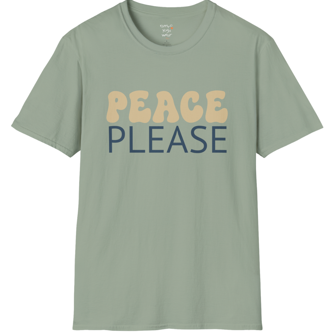 Wavy retro "Peace Please" typography design on Sage tee — The Vault collection by Ramro Yoga Wear