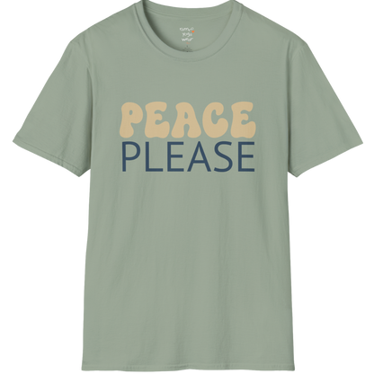 Wavy retro "Peace Please" typography design on Sage tee — The Vault collection by Ramro Yoga Wear