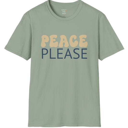Wavy retro "Peace Please" typography design on Sage tee — The Vault collection by Ramro Yoga Wear