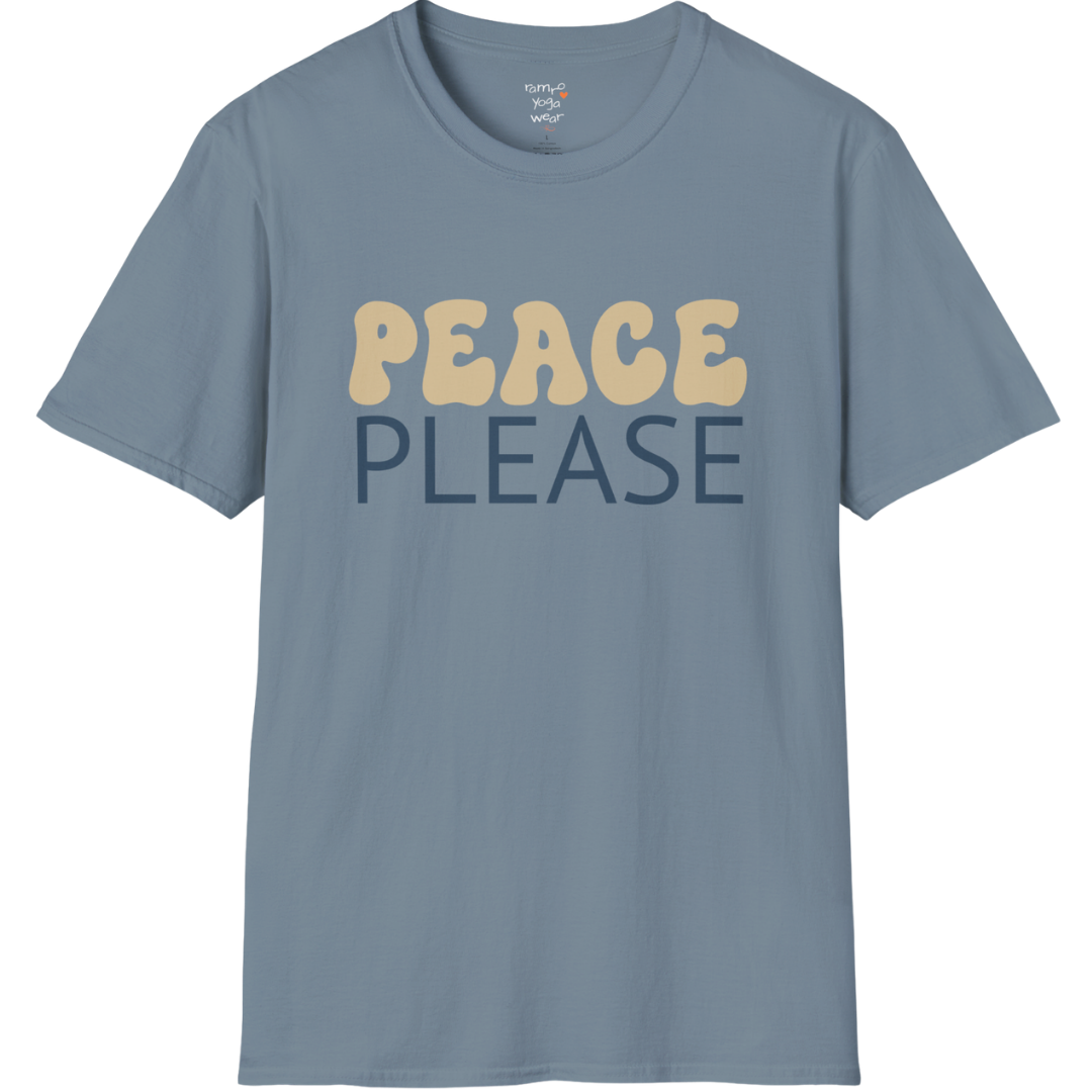 Wavy retro "Peace Please" typography design on Stone Blue tee — The Vault collection by Ramro Yoga Wear