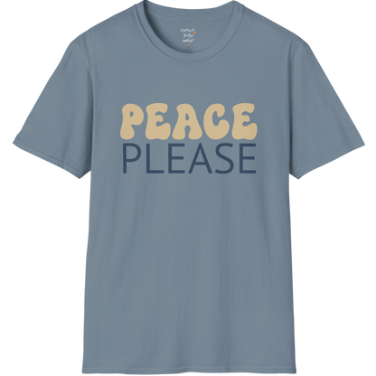 Wavy retro "Peace Please" typography design on Stone Blue tee — The Vault collection by Ramro Yoga Wear