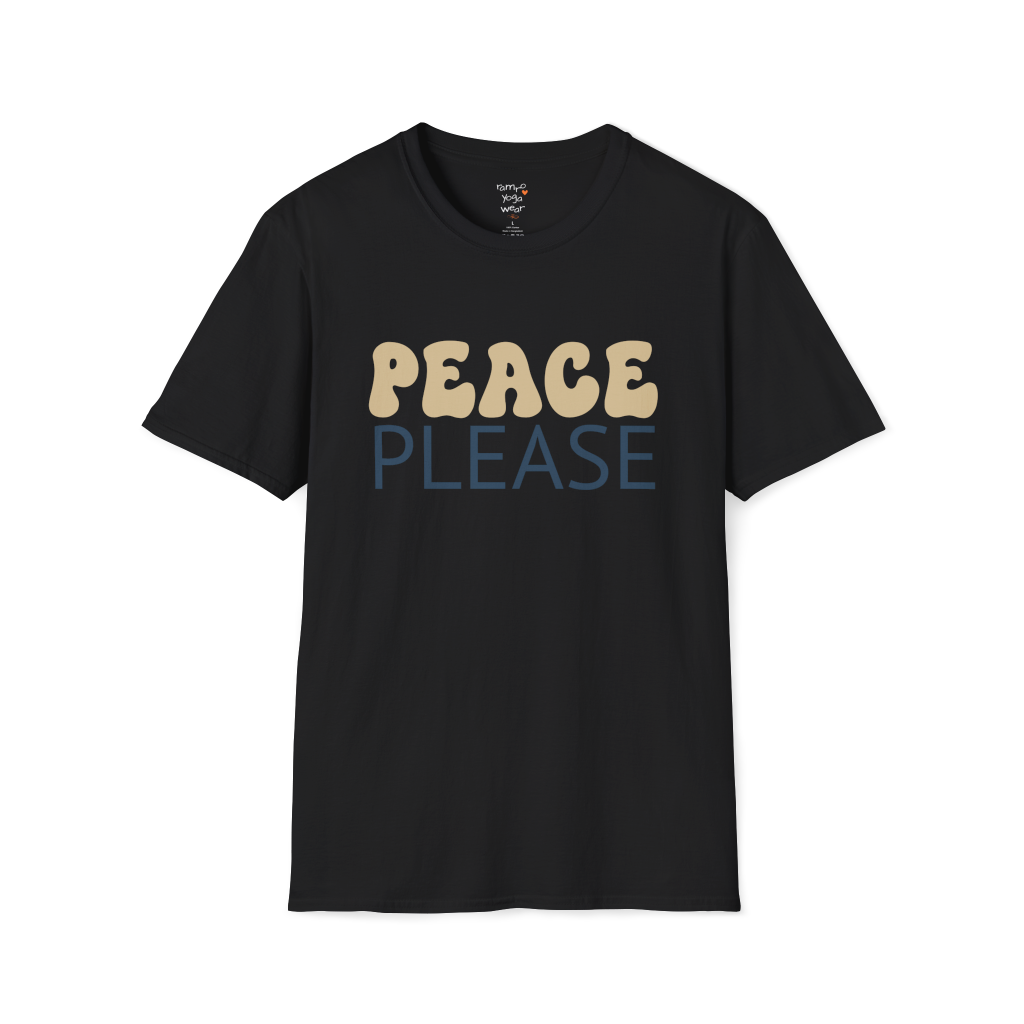 Wavy retro "Peace Please" typography design on Black tee — The Vault collection by Ramro Yoga Wear