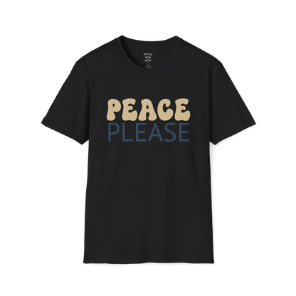 Wavy retro "Peace Please" typography design on Black tee — The Vault collection by Ramro Yoga Wear