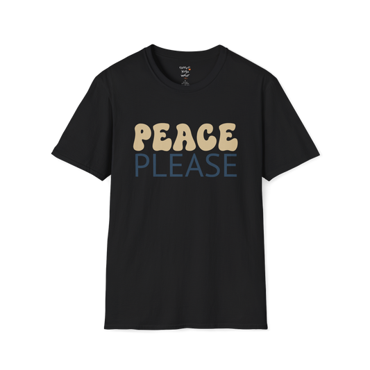 Wavy retro "Peace Please" typography design on Black tee — The Vault collection by Ramro Yoga Wear