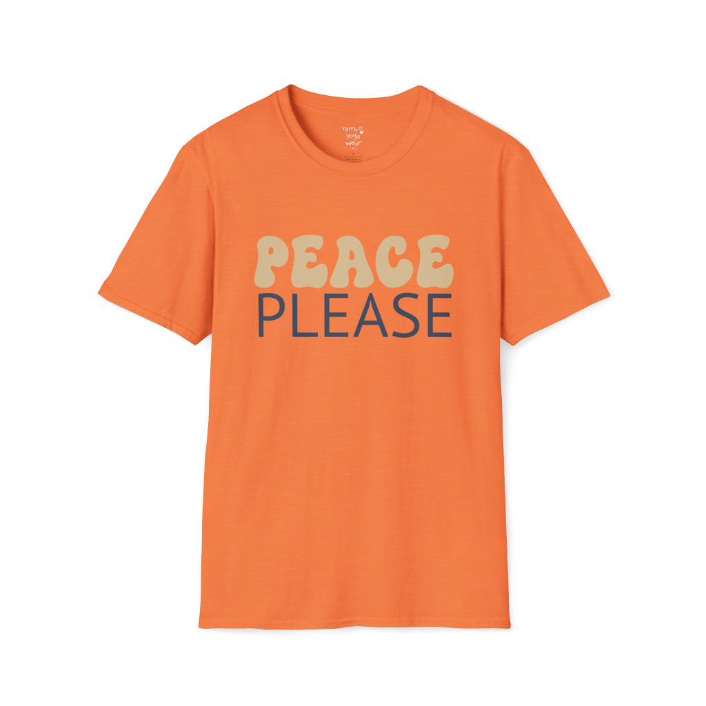 Wavy retro "Peace Please" typography design on Heather Orange tee — The Vault collection by Ramro Yoga Wear