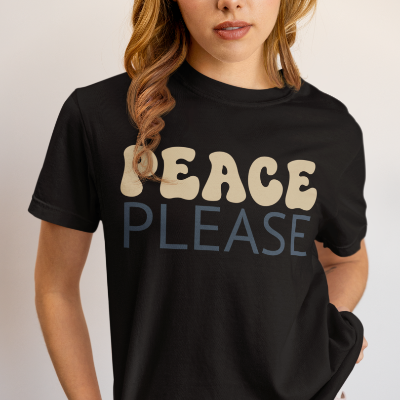 Woman wearing the Peace Please T-Shirt in Black — The Vault collection by Ramro Yoga Wear