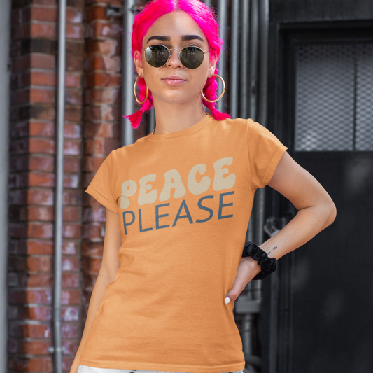 Woman wearing the Peace Please T-Shirt in Heather Orange outdoors with sunglasses — The Vault collection by Ramro Yoga Wear