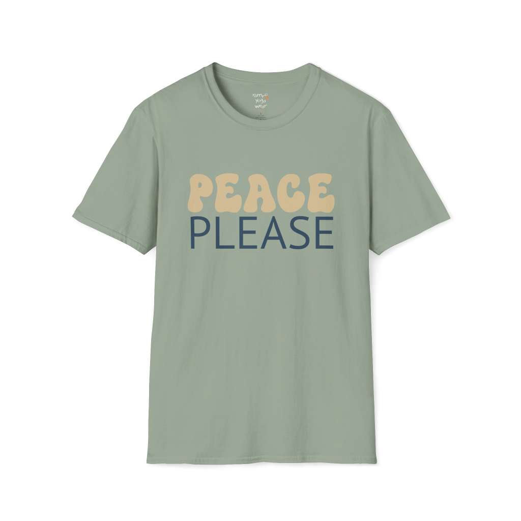 Wavy retro "Peace Please" typography design on Sage tee — The Vault collection by Ramro Yoga Wear