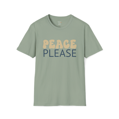 Wavy retro "Peace Please" typography design on Sage tee — The Vault collection by Ramro Yoga Wear