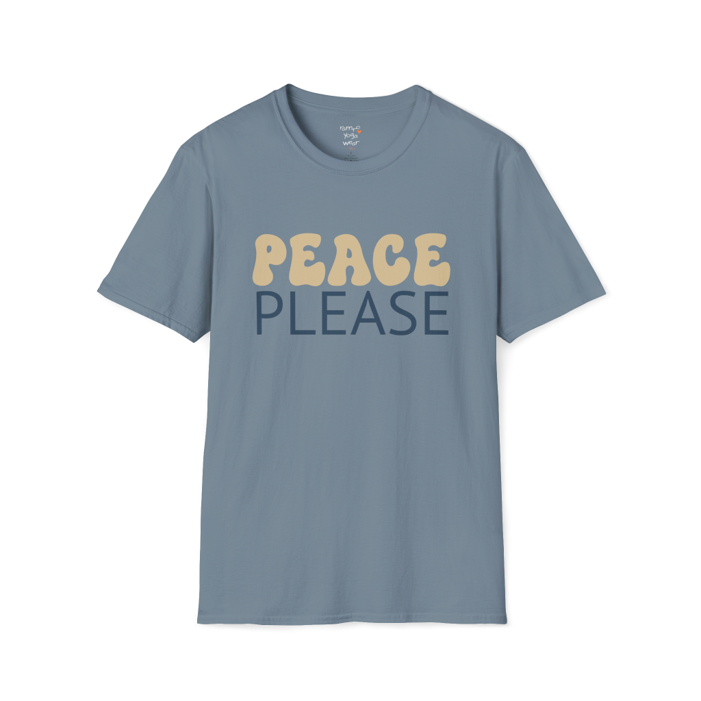 Wavy retro "Peace Please" typography design on Stone Blue tee — The Vault collection by Ramro Yoga Wear