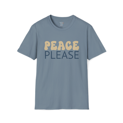Wavy retro "Peace Please" typography design on Stone Blue tee — The Vault collection by Ramro Yoga Wear
