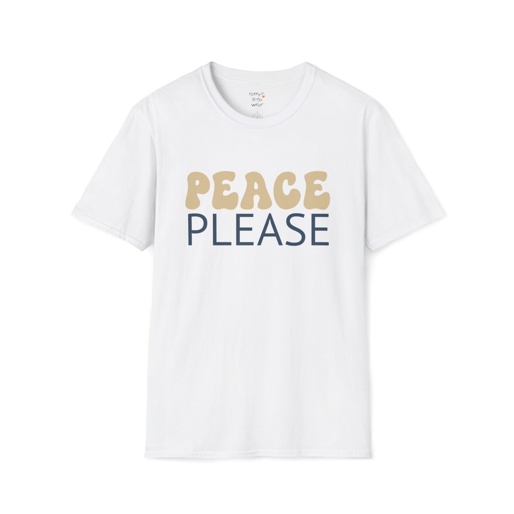 Wavy retro "Peace Please" typography design on White tee — The Vault collection by Ramro Yoga Wear