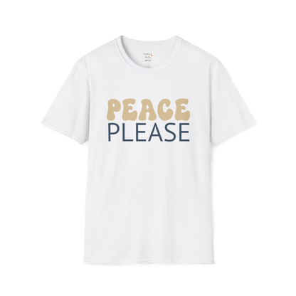 Wavy retro "Peace Please" typography design on White tee — The Vault collection by Ramro Yoga Wear