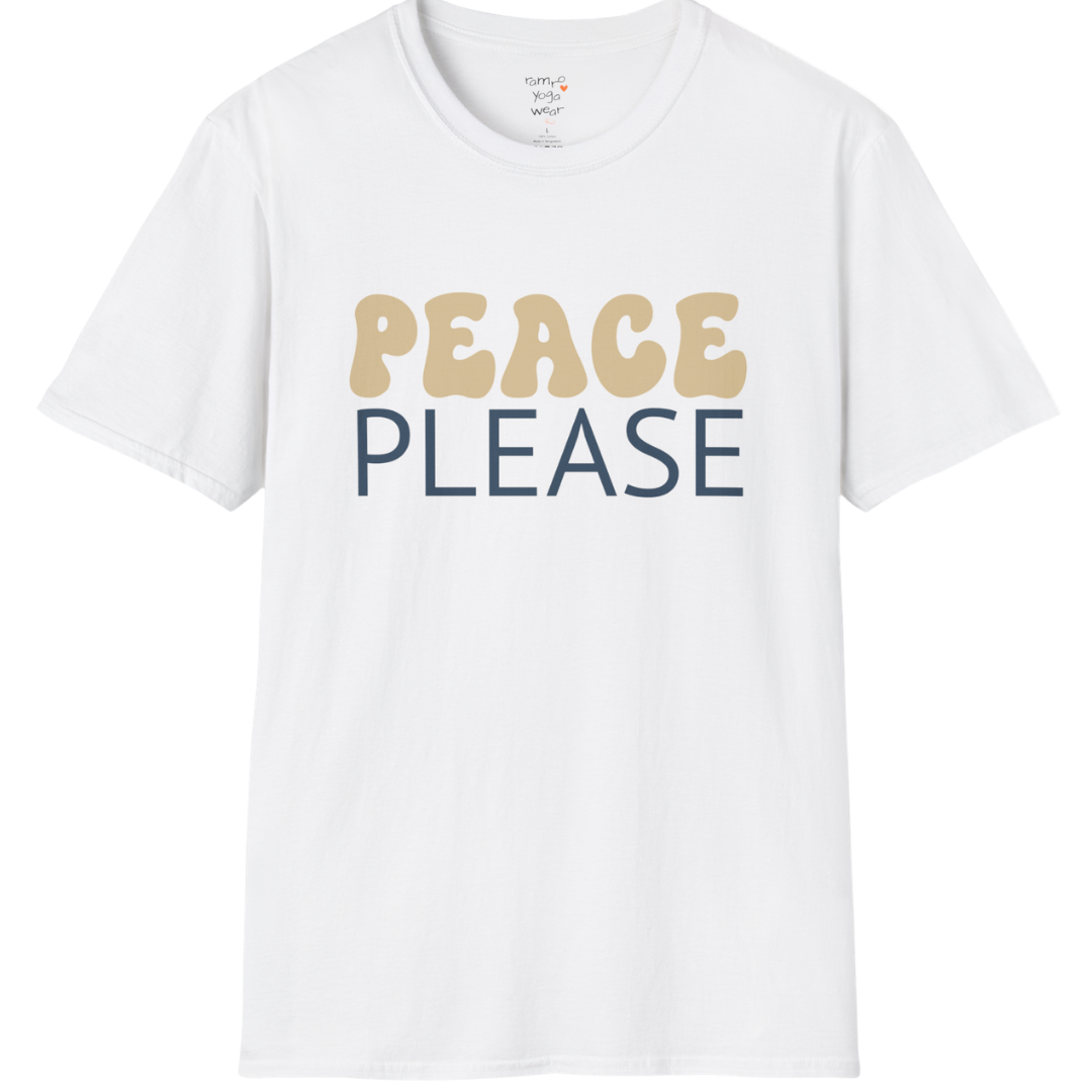 Wavy retro "Peace Please" typography design on White tee — The Vault collection by Ramro Yoga Wear
